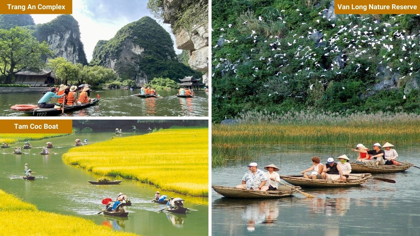 Signature scenery as taking boat trip through Tam Coc, Trang An and Van Long Nature Reserve